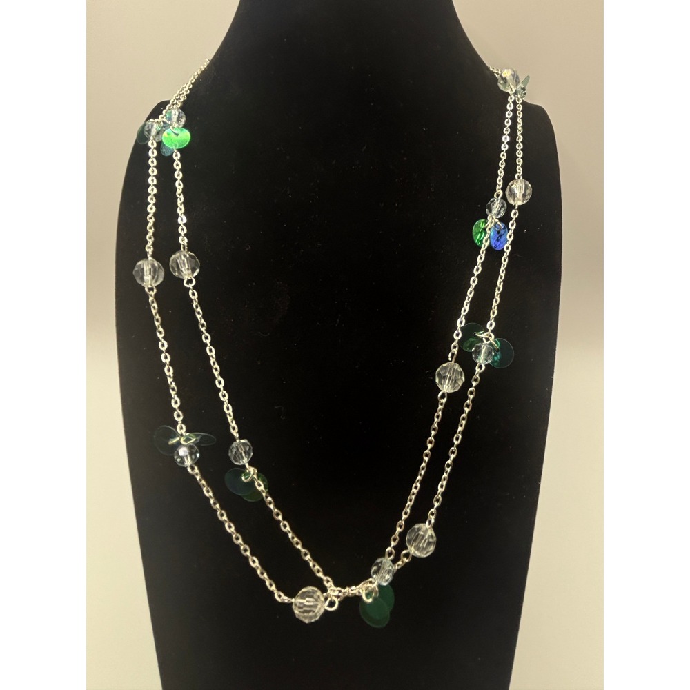 SO Silver Tone Long Station Necklace Teal Green Sequins‎ Clear Beads 28 Inch